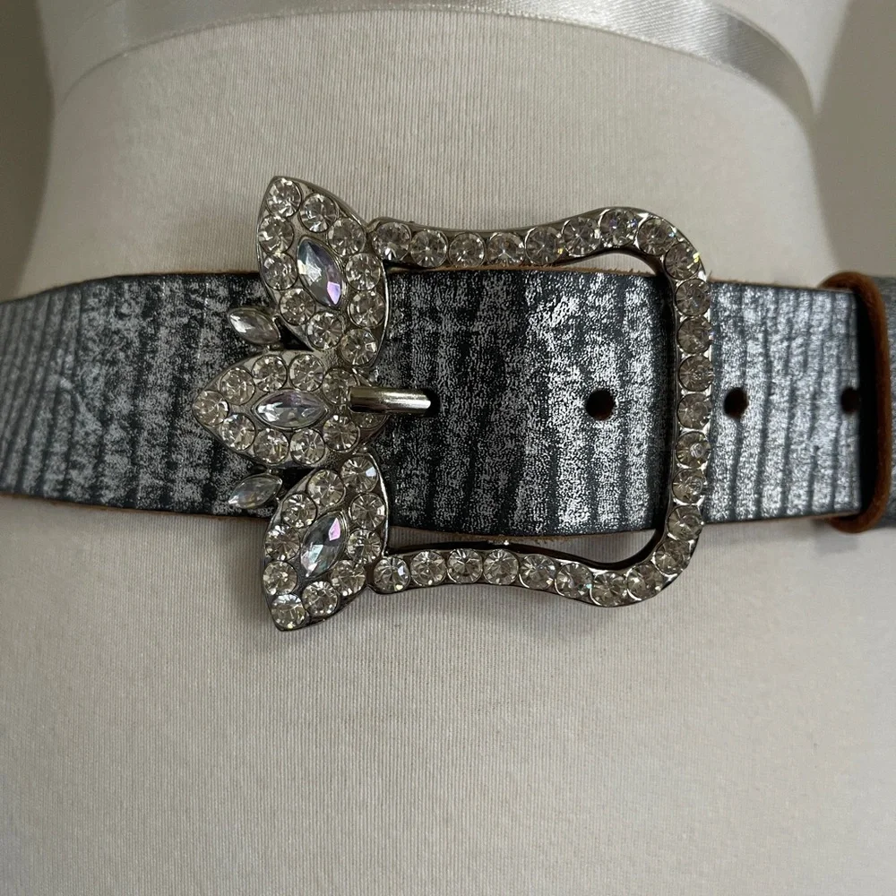 Arden B Silver & Rhinestone Buckle Leather Belt